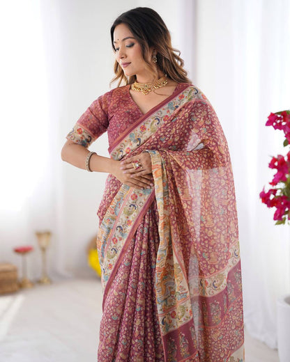 Women's Premium Linen Cotton Saree with Floral Print and Rich Pallu
