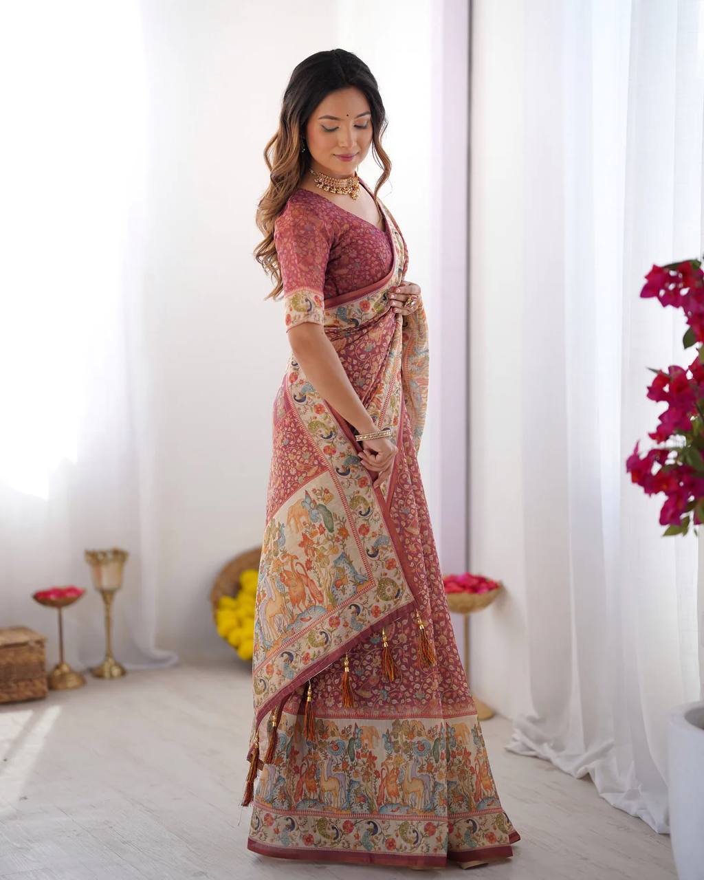 Women's Premium Linen Cotton Saree with Floral Print and Rich Pallu