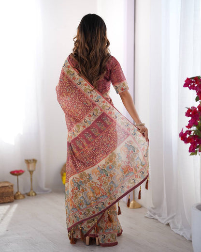 Women's Premium Linen Cotton Saree with Floral Print and Rich Pallu