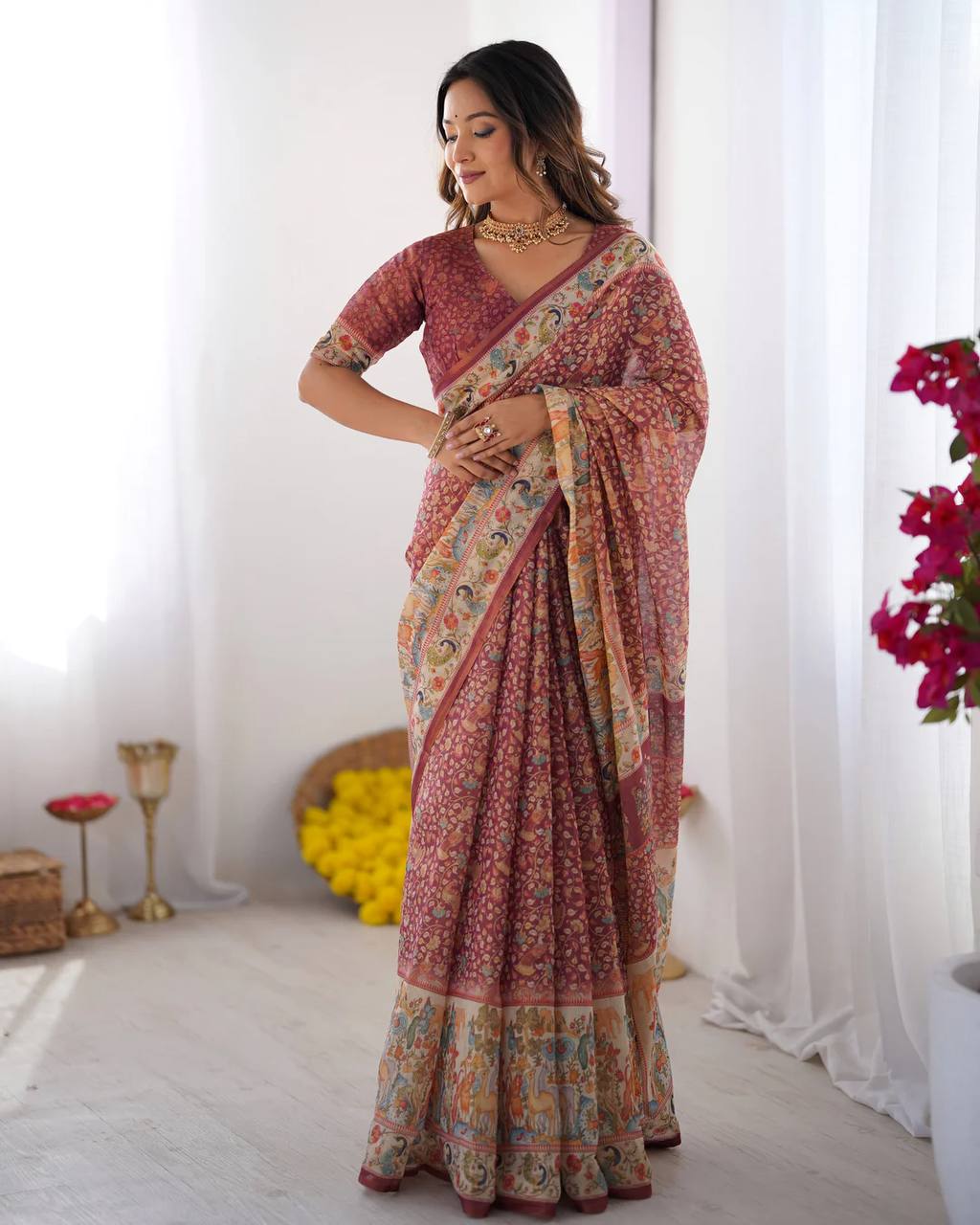 Women's Premium Linen Cotton Saree with Floral Print and Rich Pallu