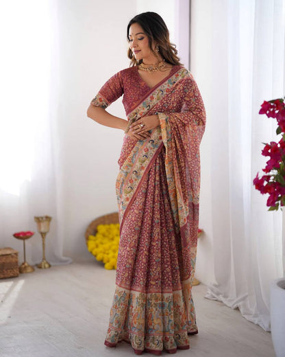 Women's Premium Linen Cotton Saree with Floral Print and Rich Pallu