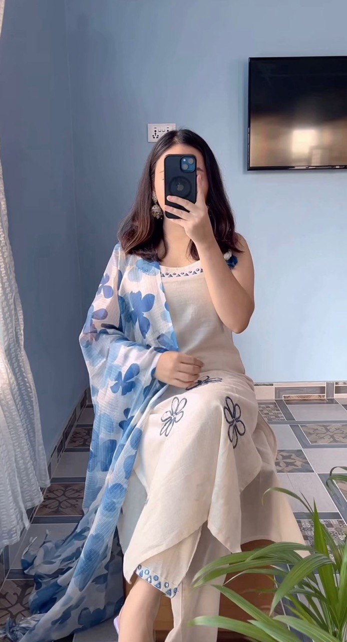 Elegant Off-White Floral Kurta Set with Printed Dupatta