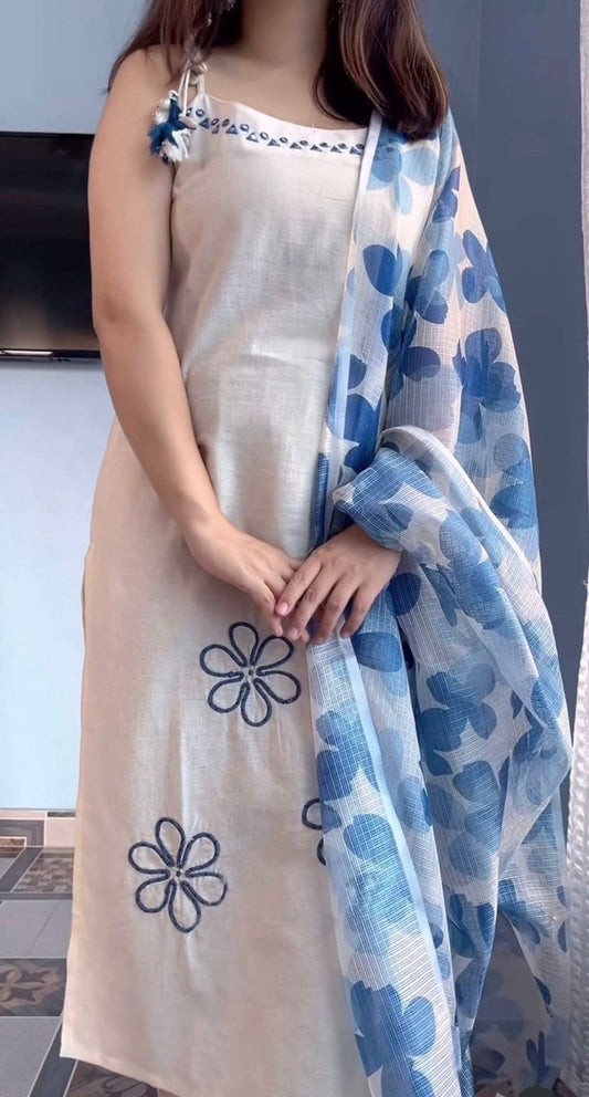 Elegant Off-White Floral Kurta Set with Printed Dupatta
