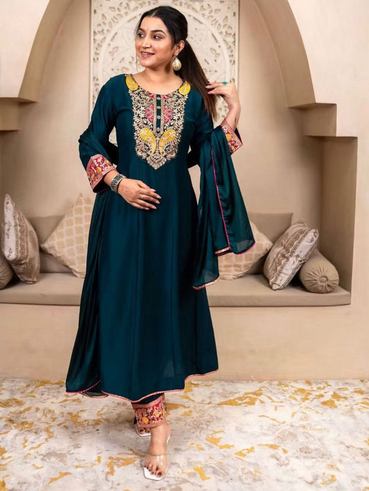 Women's Vichhitra Silk Embroidered A-Line Kurta with Pant and Dupatta Set.