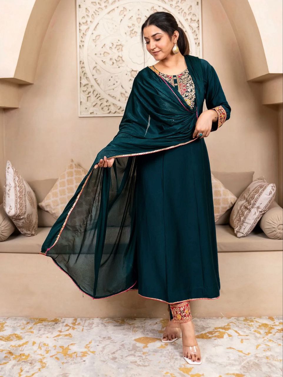 Women's Vichhitra Silk Embroidered A-Line Kurta with Pant and Dupatta Set.