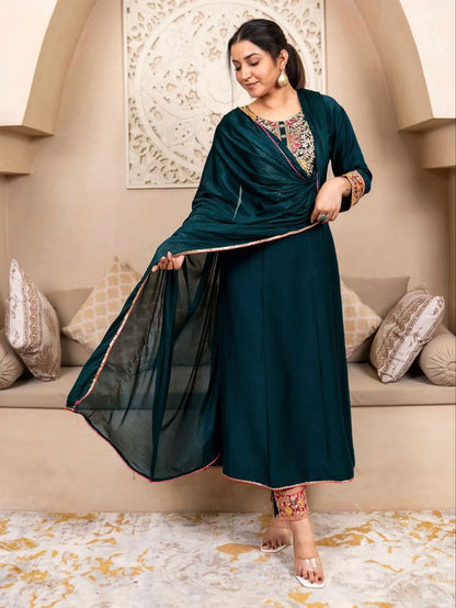 Women's Vichhitra Silk Embroidered A-Line Kurta with Pant and Dupatta Set.