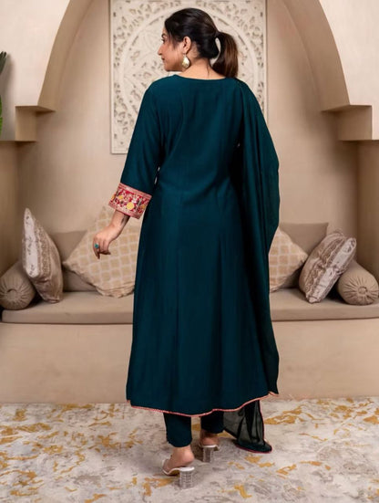 Women's Vichhitra Silk Embroidered A-Line Kurta with Pant and Dupatta Set.
