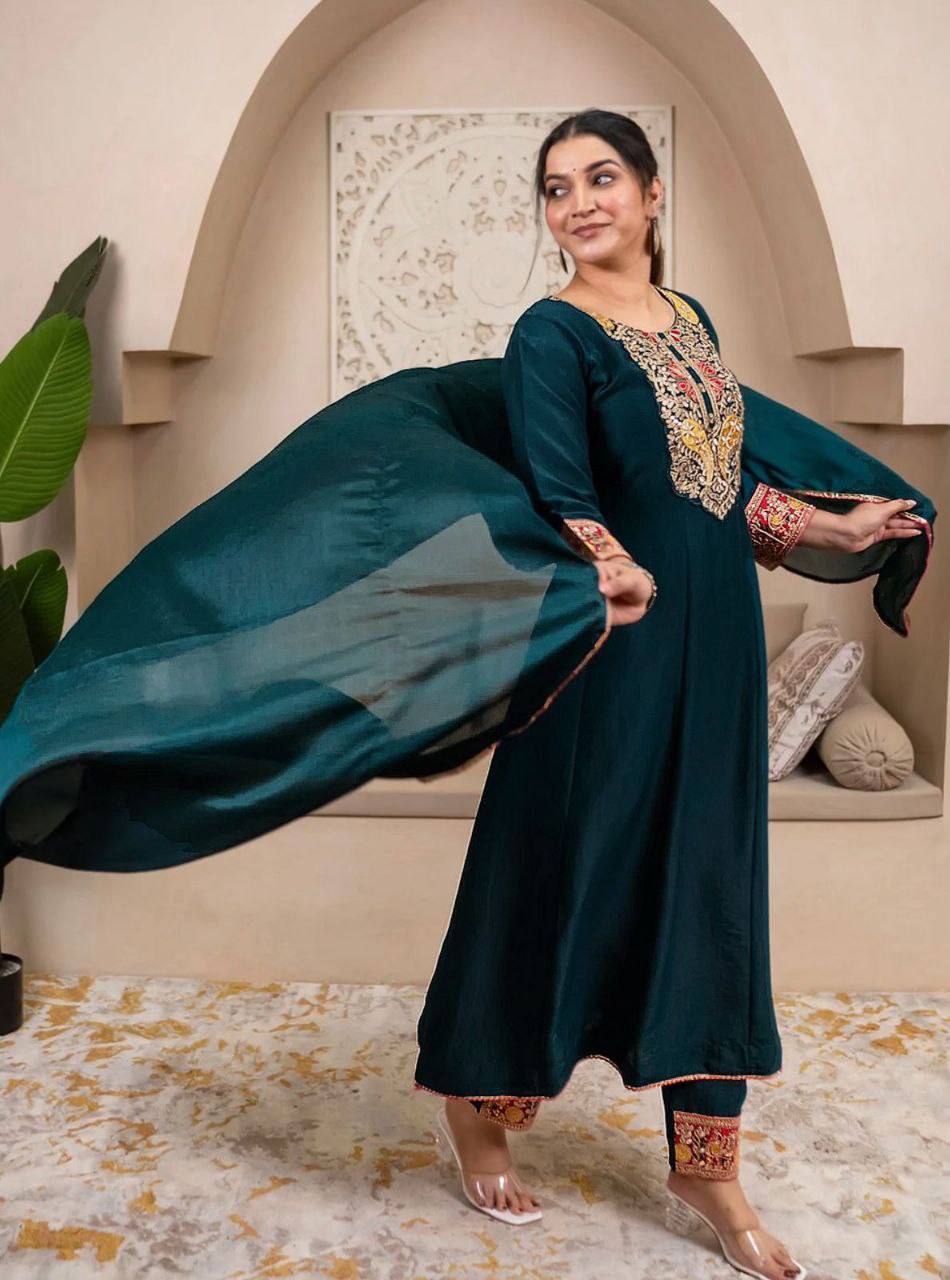 Women's Vichhitra Silk Embroidered A-Line Kurta with Pant and Dupatta Set.