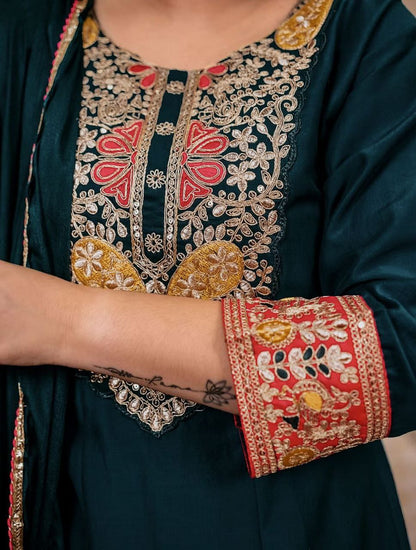 Women's Vichhitra Silk Embroidered A-Line Kurta with Pant and Dupatta Set.