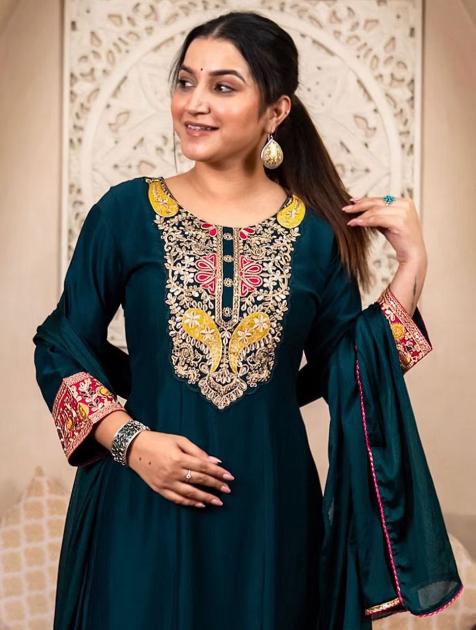 Women's Vichhitra Silk Embroidered A-Line Kurta with Pant and Dupatta Set.