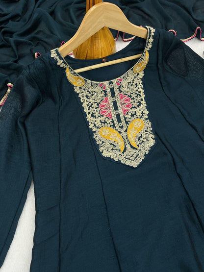 Women's Vichhitra Silk Embroidered A-Line Kurta with Pant and Dupatta Set.