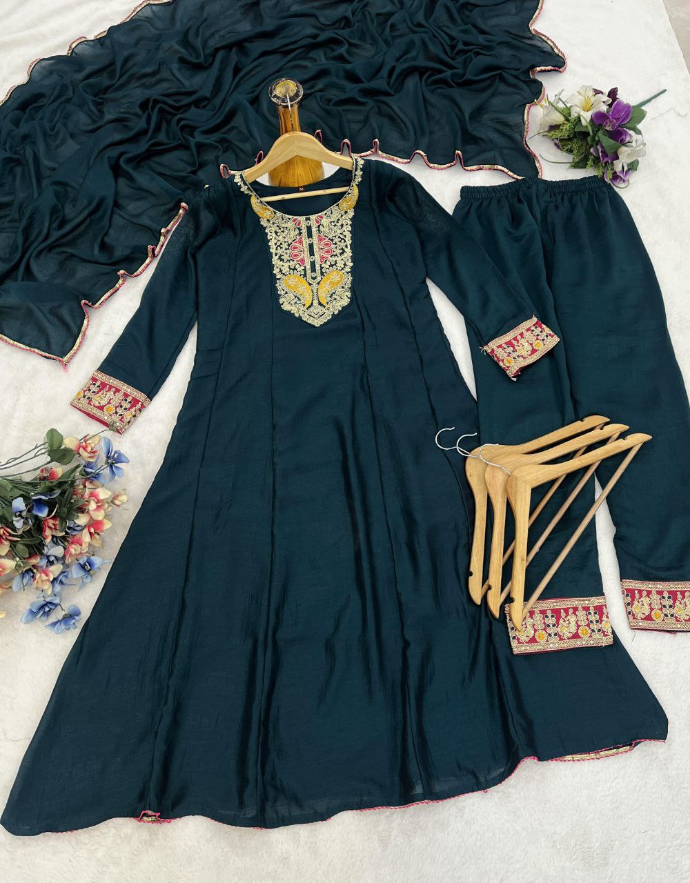 Women's Vichhitra Silk Embroidered A-Line Kurta with Pant and Dupatta Set.