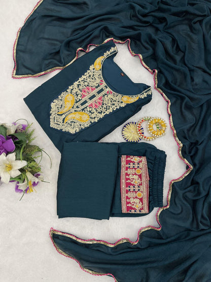 Women's Vichhitra Silk Embroidered A-Line Kurta with Pant and Dupatta Set.
