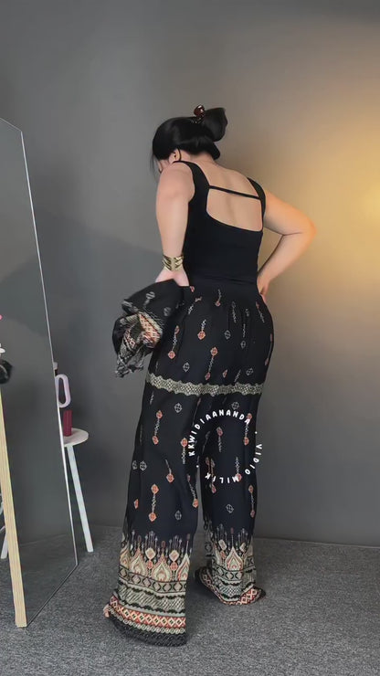 Women's 2-Piece Ethnic Print Co-Ord Set | Long Sleeve Top & Wide-Leg Pants